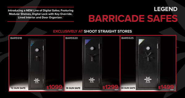 Side by side display of three Legend Barricade digital gun safes with a description of features and prices